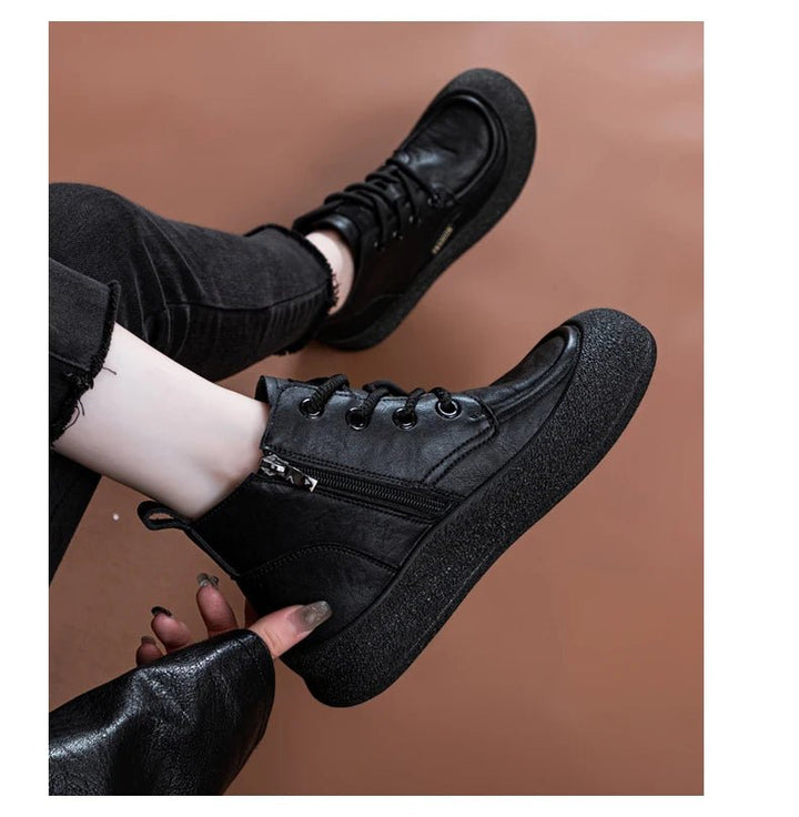 Vintage Flat Ankle Boots – Lace - Up Round Toe Leather Booties for Women - VeauBeauty