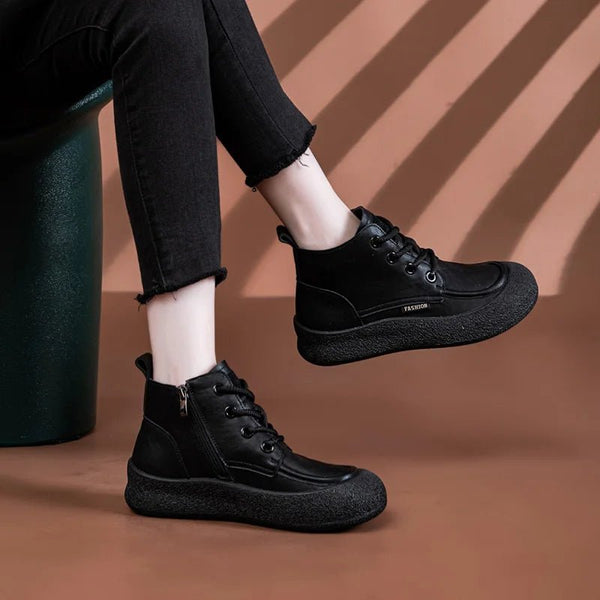 Vintage Flat Ankle Boots – Lace - Up Round Toe Leather Booties for Women - VeauBeauty