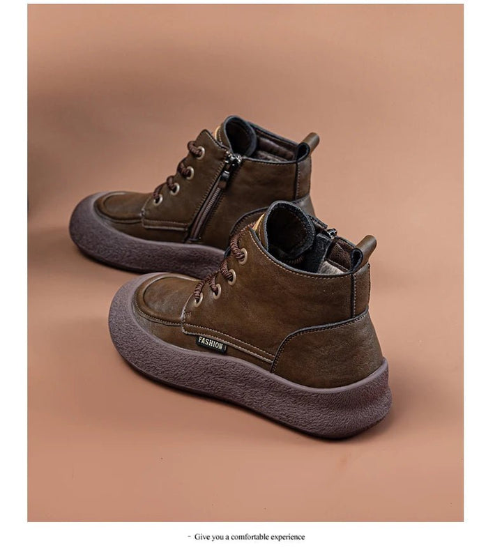 Vintage Flat Ankle Boots – Lace - Up Round Toe Leather Booties for Women - VeauBeauty