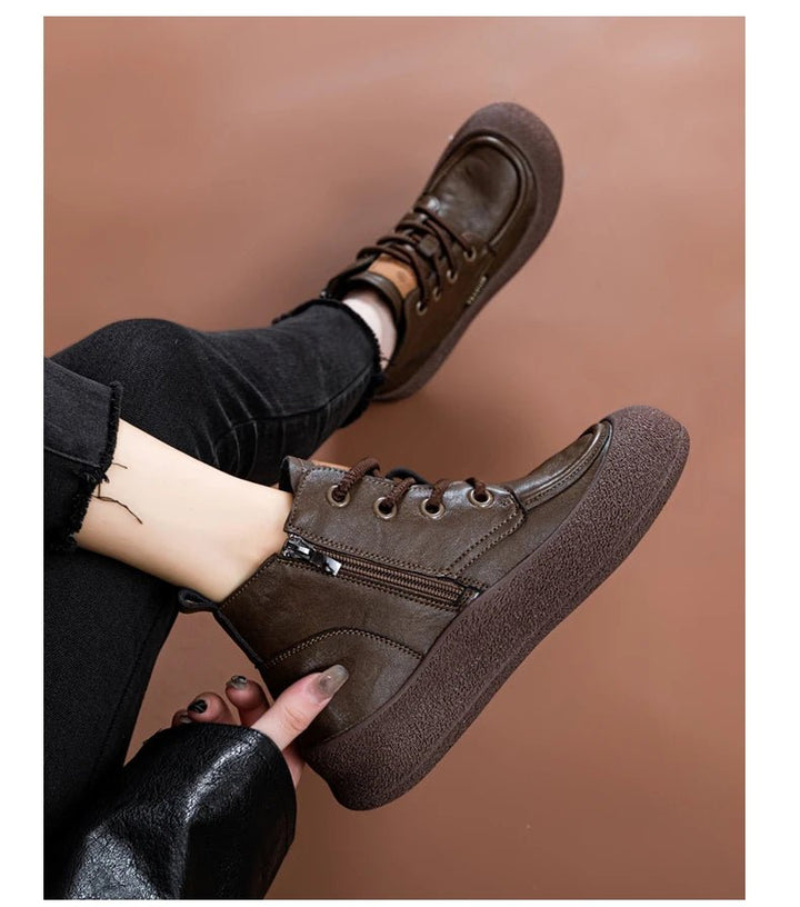 Vintage Flat Ankle Boots – Lace - Up Round Toe Leather Booties for Women - VeauBeauty