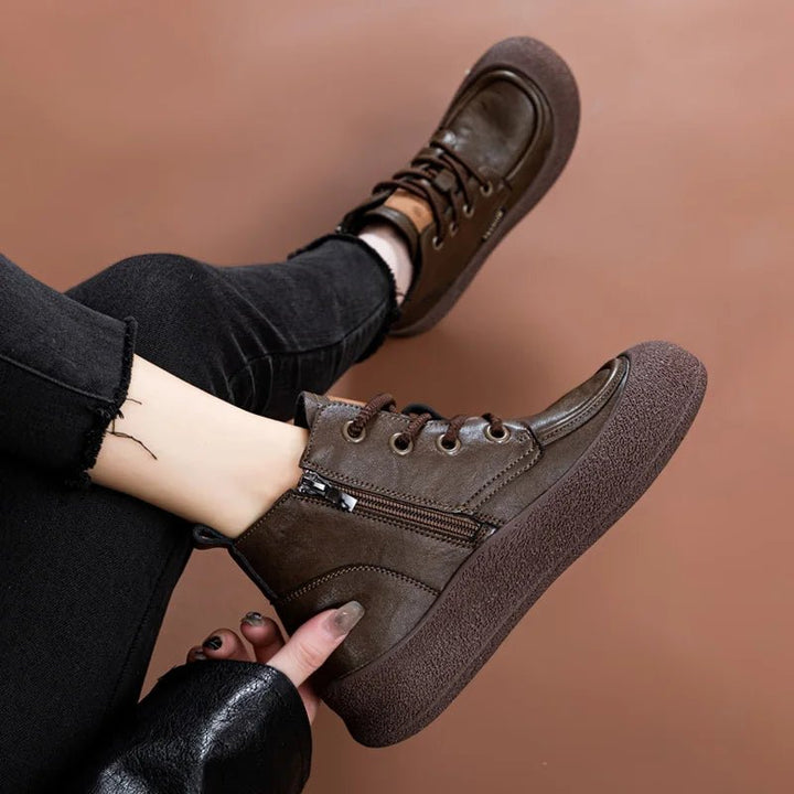 Vintage Flat Ankle Boots – Lace - Up Round Toe Leather Booties for Women - VeauBeauty
