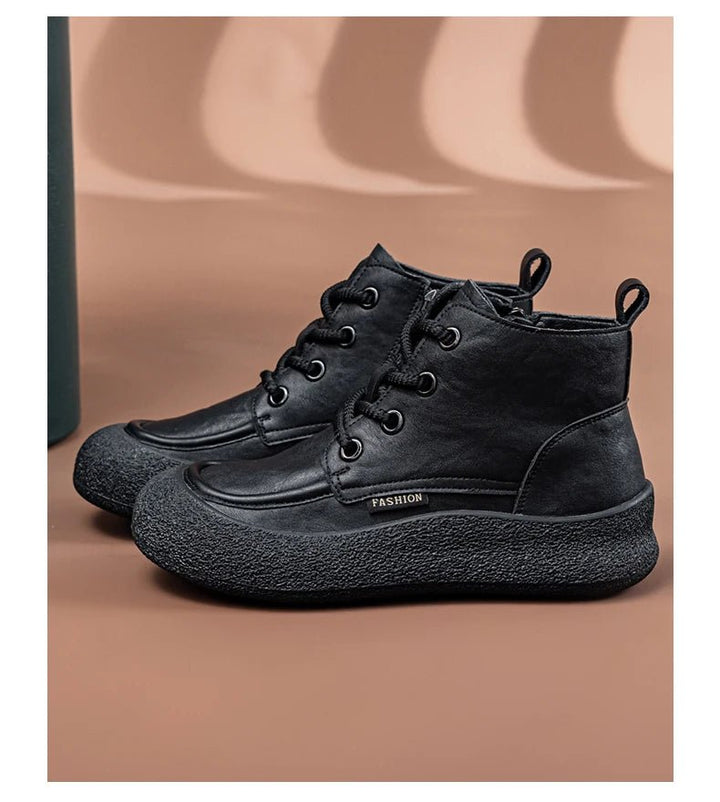 Vintage Flat Ankle Boots – Lace - Up Round Toe Leather Booties for Women - VeauBeauty
