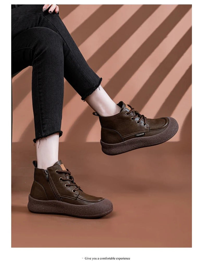 Vintage Flat Ankle Boots – Lace - Up Round Toe Leather Booties for Women - VeauBeauty