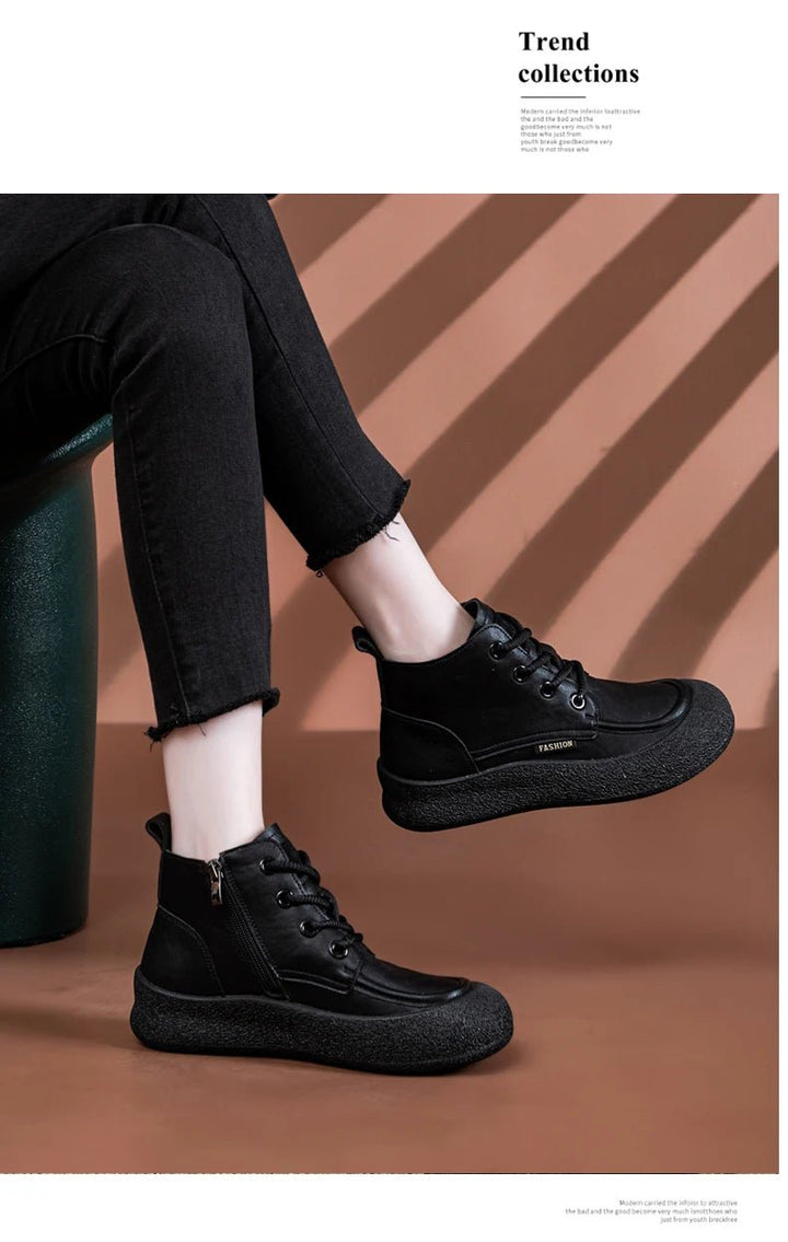 Vintage Flat Ankle Boots – Lace - Up Round Toe Leather Booties for Women - VeauBeauty