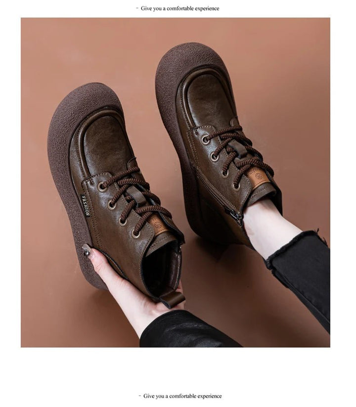 Vintage Flat Ankle Boots – Lace - Up Round Toe Leather Booties for Women - VeauBeauty