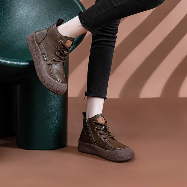 Vintage Flat Ankle Boots – Lace - Up Round Toe Leather Booties for Women - VeauBeauty