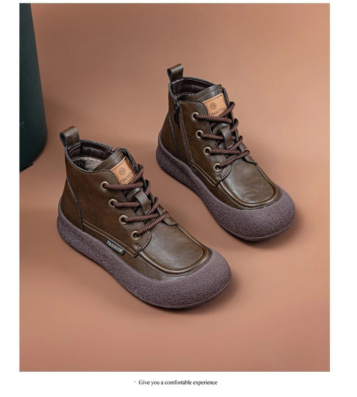 Vintage Flat Ankle Boots – Lace - Up Round Toe Leather Booties for Women - VeauBeauty