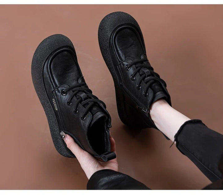 Vintage Flat Ankle Boots – Lace - Up Round Toe Leather Booties for Women - VeauBeauty