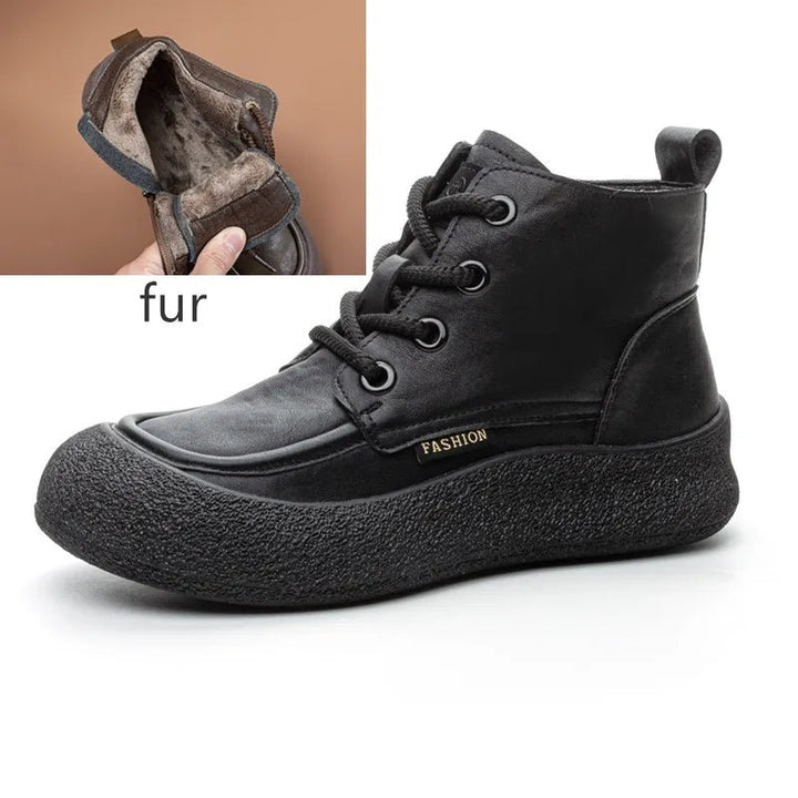 Vintage Flat Ankle Boots – Lace - Up Round Toe Leather Booties for Women - VeauBeauty