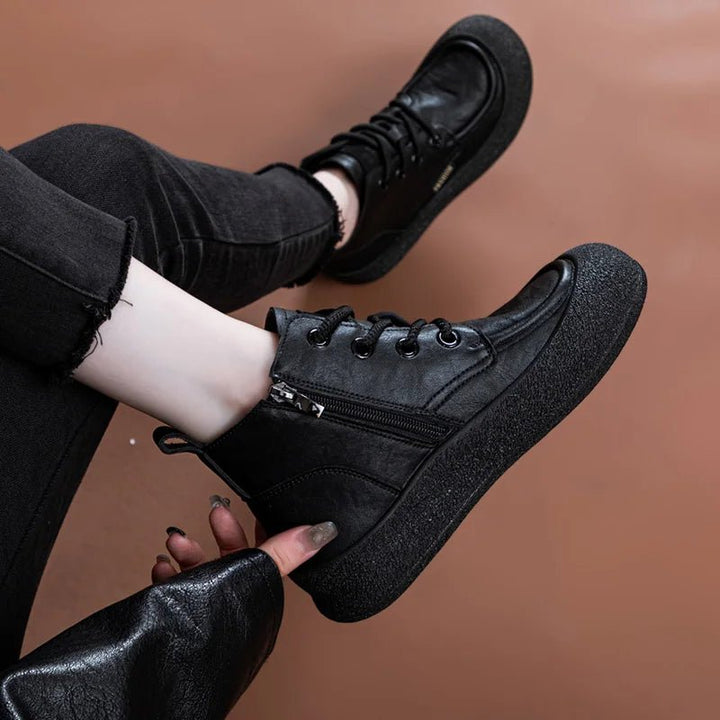 Vintage Flat Ankle Boots – Lace - Up Round Toe Leather Booties for Women - VeauBeauty