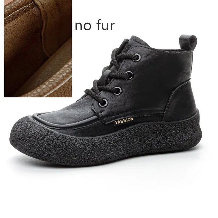 Vintage Flat Ankle Boots – Lace - Up Round Toe Leather Booties for Women - VeauBeauty