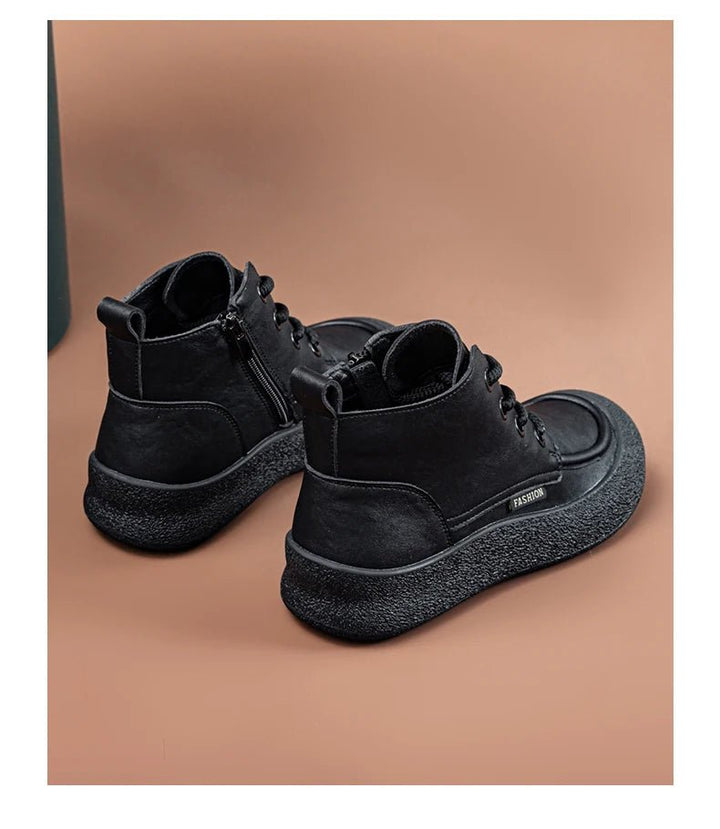 Vintage Flat Ankle Boots – Lace - Up Round Toe Leather Booties for Women - VeauBeauty
