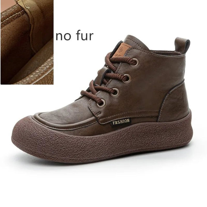 Vintage Flat Ankle Boots – Lace - Up Round Toe Leather Booties for Women - VeauBeauty