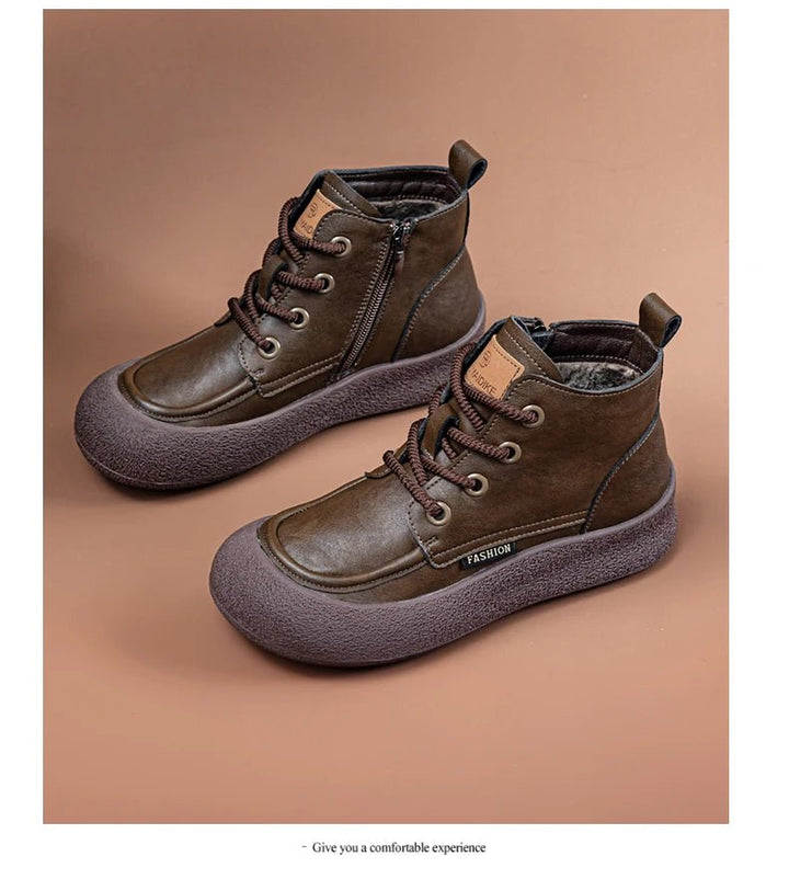 Vintage Flat Ankle Boots – Lace - Up Round Toe Leather Booties for Women - VeauBeauty
