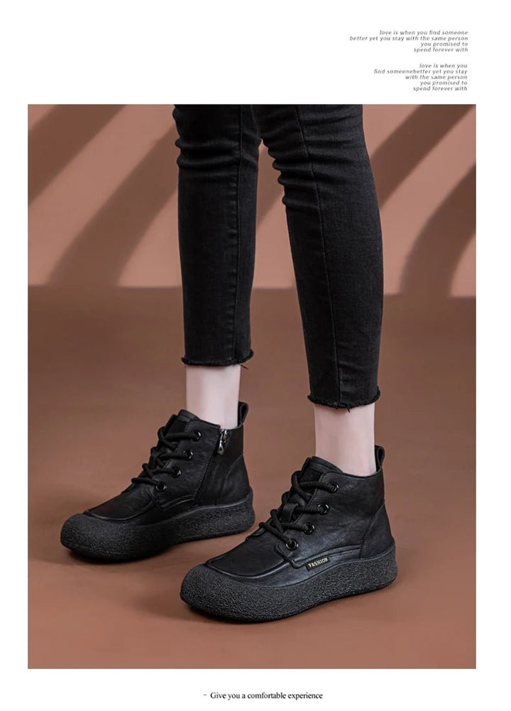 Vintage Flat Ankle Boots – Lace - Up Round Toe Leather Booties for Women - VeauBeauty