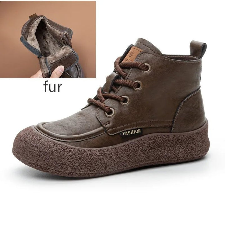 Vintage Flat Ankle Boots – Lace - Up Round Toe Leather Booties for Women - VeauBeauty
