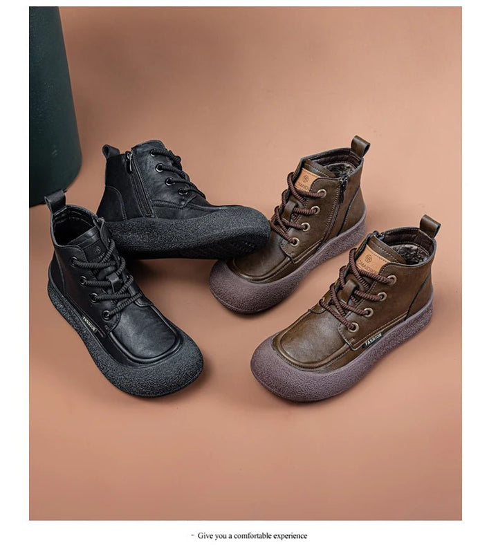 Vintage Flat Ankle Boots – Lace - Up Round Toe Leather Booties for Women - VeauBeauty