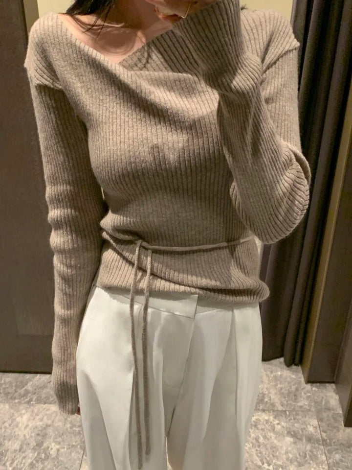 VNeck Slim Fit Knit Sweater – Tie Waist Long Sleeve Pullover for Women 2025 - VeauBeauty
