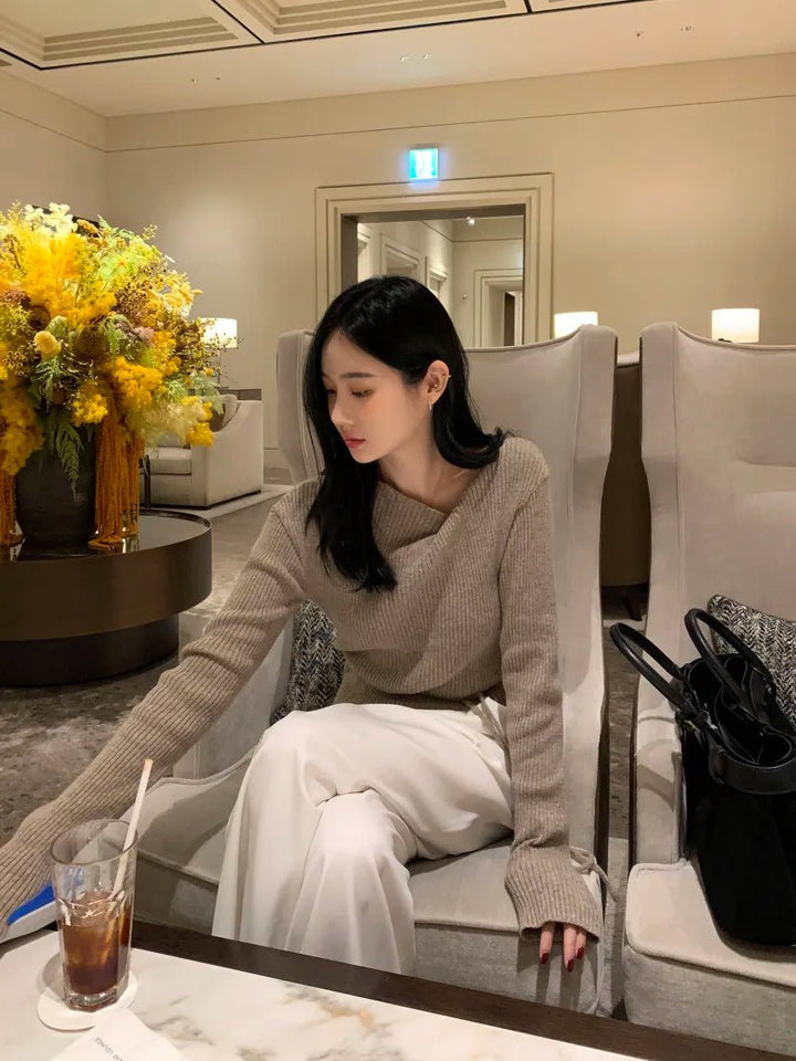 VNeck Slim Fit Knit Sweater – Tie Waist Long Sleeve Pullover for Women 2025 - VeauBeauty