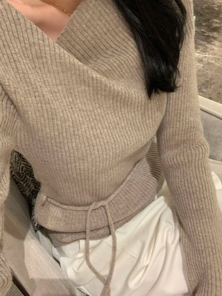 VNeck Slim Fit Knit Sweater – Tie Waist Long Sleeve Pullover for Women 2025 - VeauBeauty