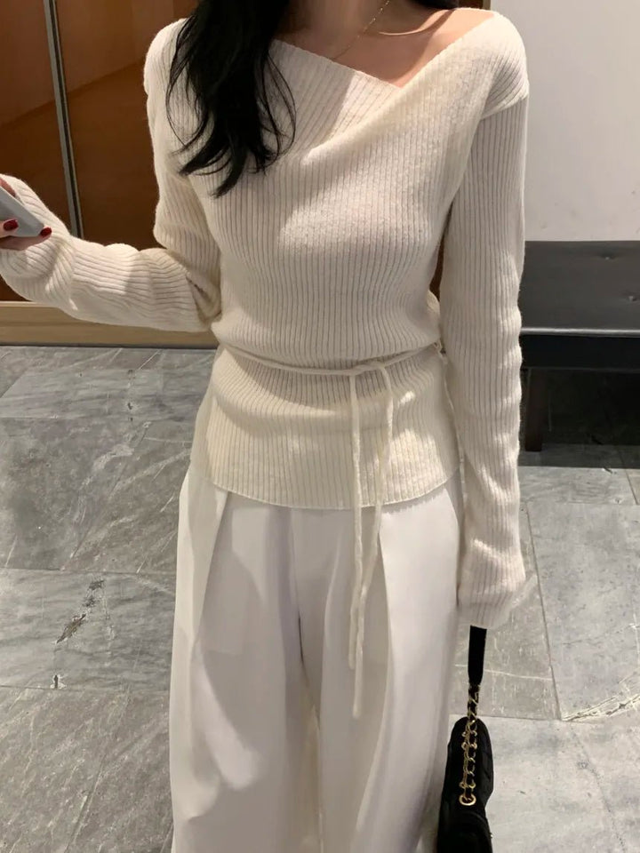 VNeck Slim Fit Knit Sweater – Tie Waist Long Sleeve Pullover for Women 2025 - VeauBeauty