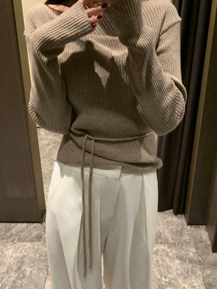 VNeck Slim Fit Knit Sweater – Tie Waist Long Sleeve Pullover for Women 2025 - VeauBeauty