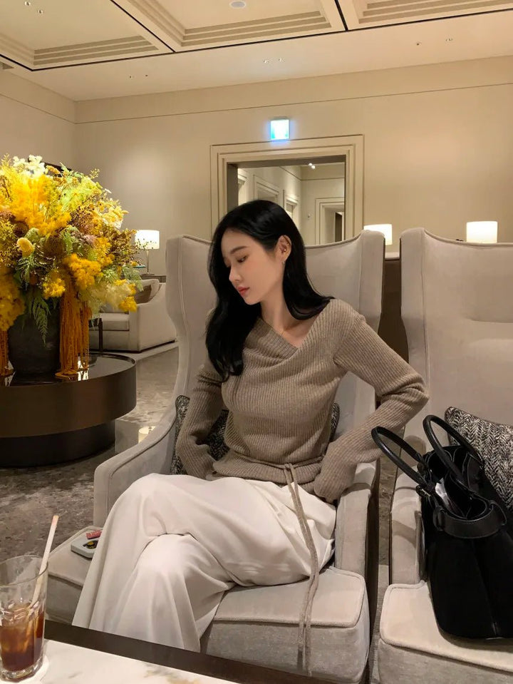 VNeck Slim Fit Knit Sweater – Tie Waist Long Sleeve Pullover for Women 2025 - VeauBeauty