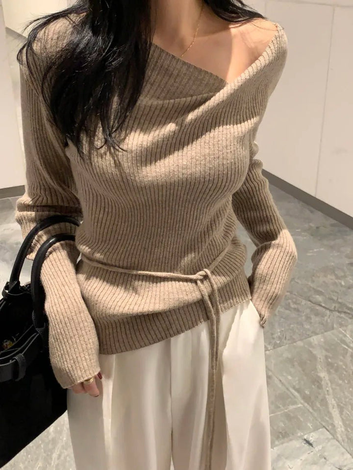VNeck Slim Fit Knit Sweater – Tie Waist Long Sleeve Pullover for Women 2025 - VeauBeauty