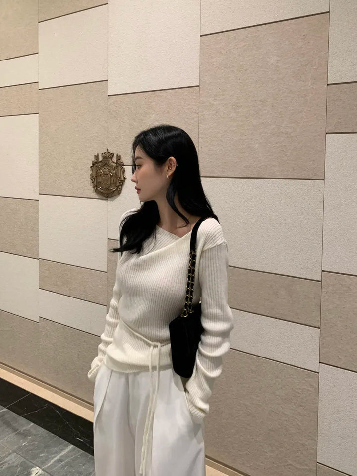 VNeck Slim Fit Knit Sweater – Tie Waist Long Sleeve Pullover for Women 2025 - VeauBeauty