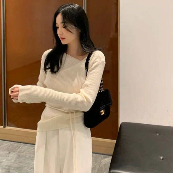 VNeck Slim Fit Knit Sweater – Tie Waist Long Sleeve Pullover for Women 2025 - VeauBeauty