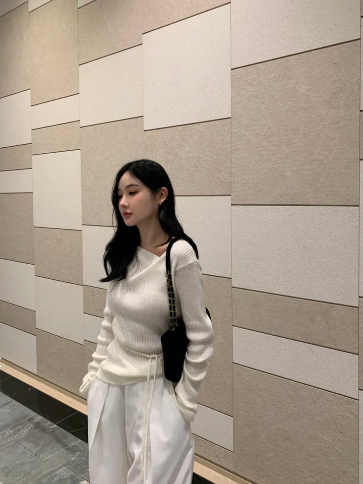 VNeck Slim Fit Knit Sweater – Tie Waist Long Sleeve Pullover for Women 2025 - VeauBeauty