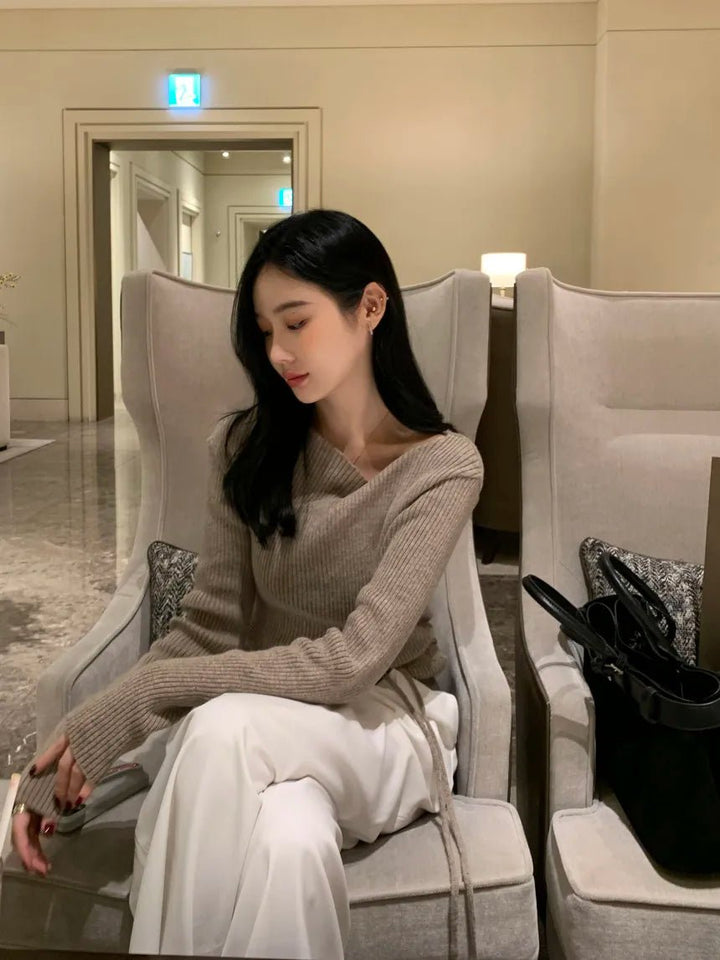VNeck Slim Fit Knit Sweater – Tie Waist Long Sleeve Pullover for Women 2025 - VeauBeauty