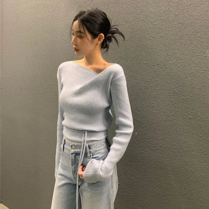 VNeck Slim Fit Knit Sweater – Tie Waist Long Sleeve Pullover for Women 2025 - VeauBeauty