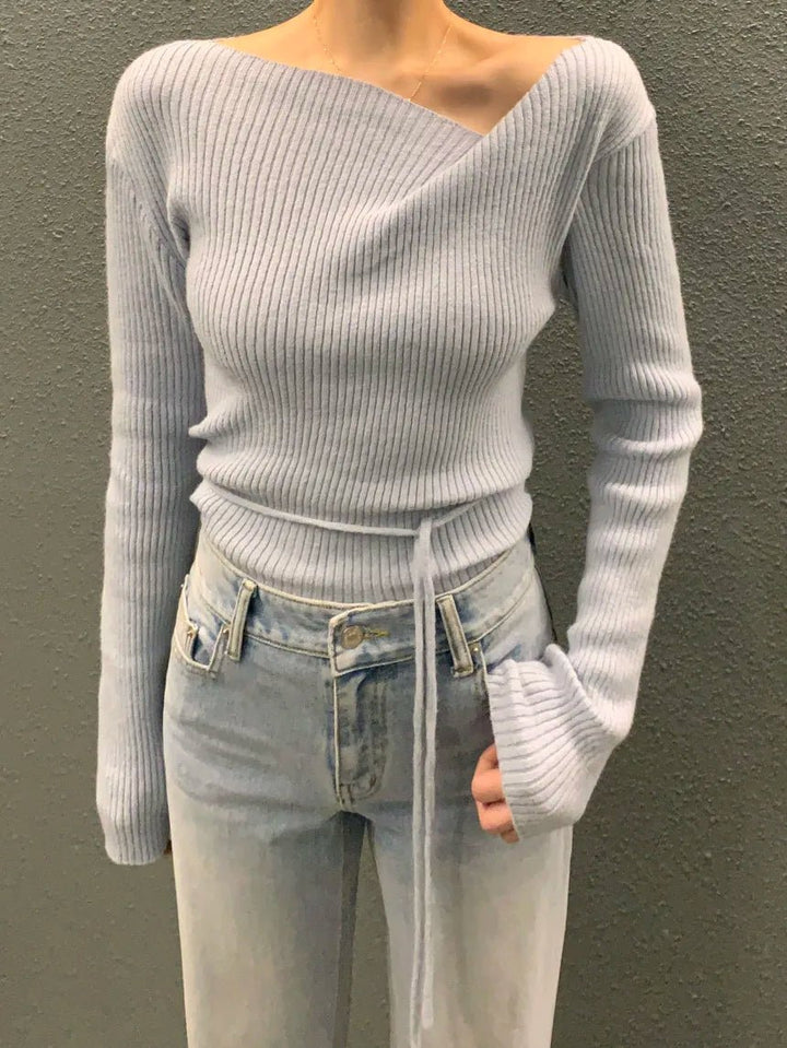 VNeck Slim Fit Knit Sweater – Tie Waist Long Sleeve Pullover for Women 2025 - VeauBeauty