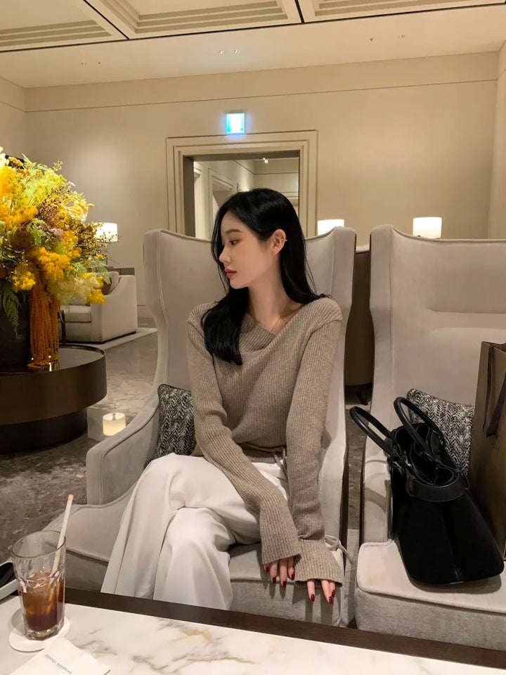 VNeck Slim Fit Knit Sweater – Tie Waist Long Sleeve Pullover for Women 2025 - VeauBeauty