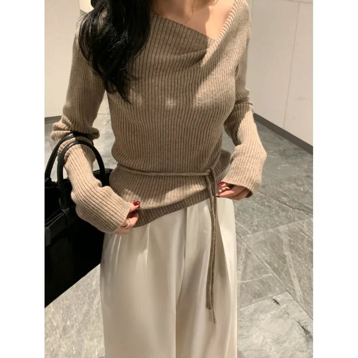 VNeck Slim Fit Knit Sweater – Tie Waist Long Sleeve Pullover for Women 2025 - VeauBeauty