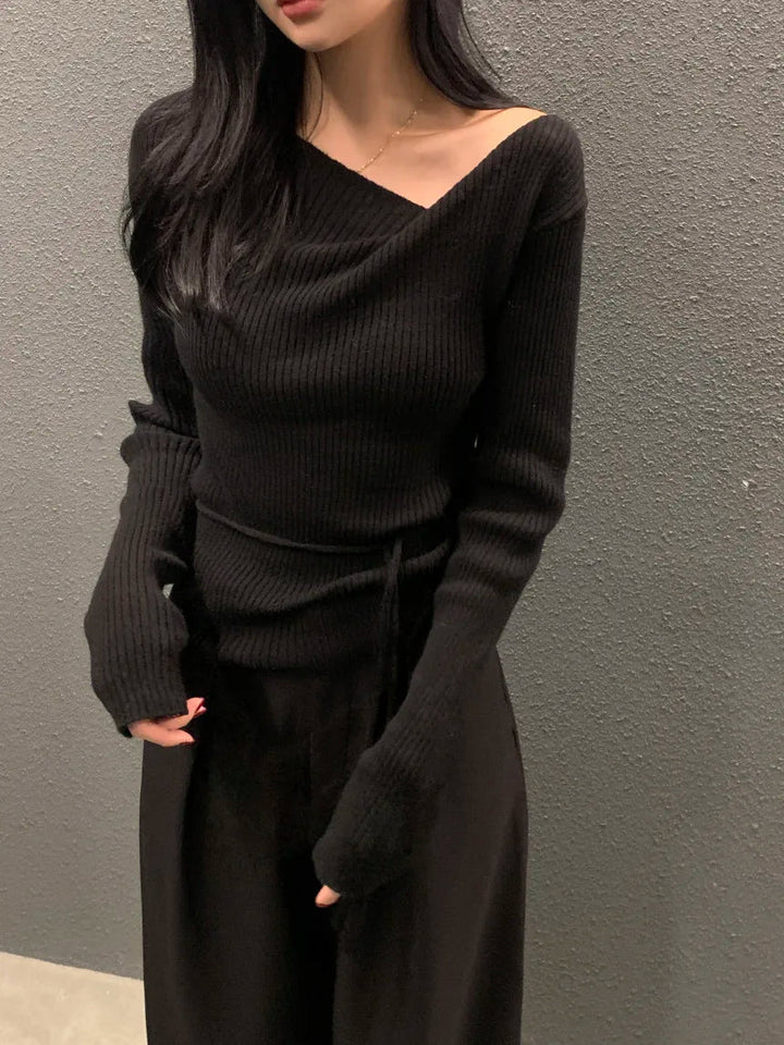 VNeck Slim Fit Knit Sweater – Tie Waist Long Sleeve Pullover for Women 2025 - VeauBeauty