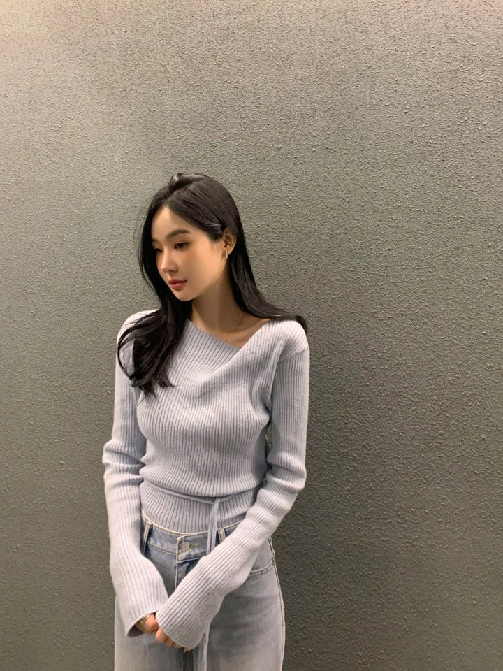 VNeck Slim Fit Knit Sweater – Tie Waist Long Sleeve Pullover for Women 2025 - VeauBeauty
