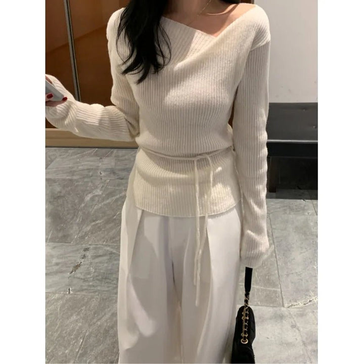 VNeck Slim Fit Knit Sweater – Tie Waist Long Sleeve Pullover for Women 2025 - VeauBeauty