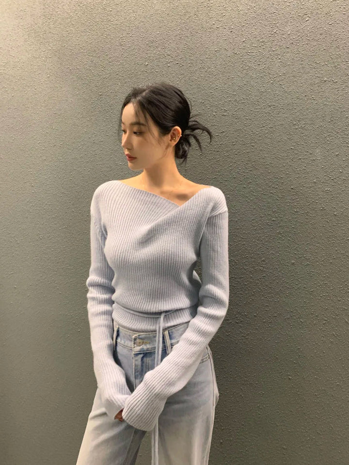 VNeck Slim Fit Knit Sweater – Tie Waist Long Sleeve Pullover for Women 2025 - VeauBeauty