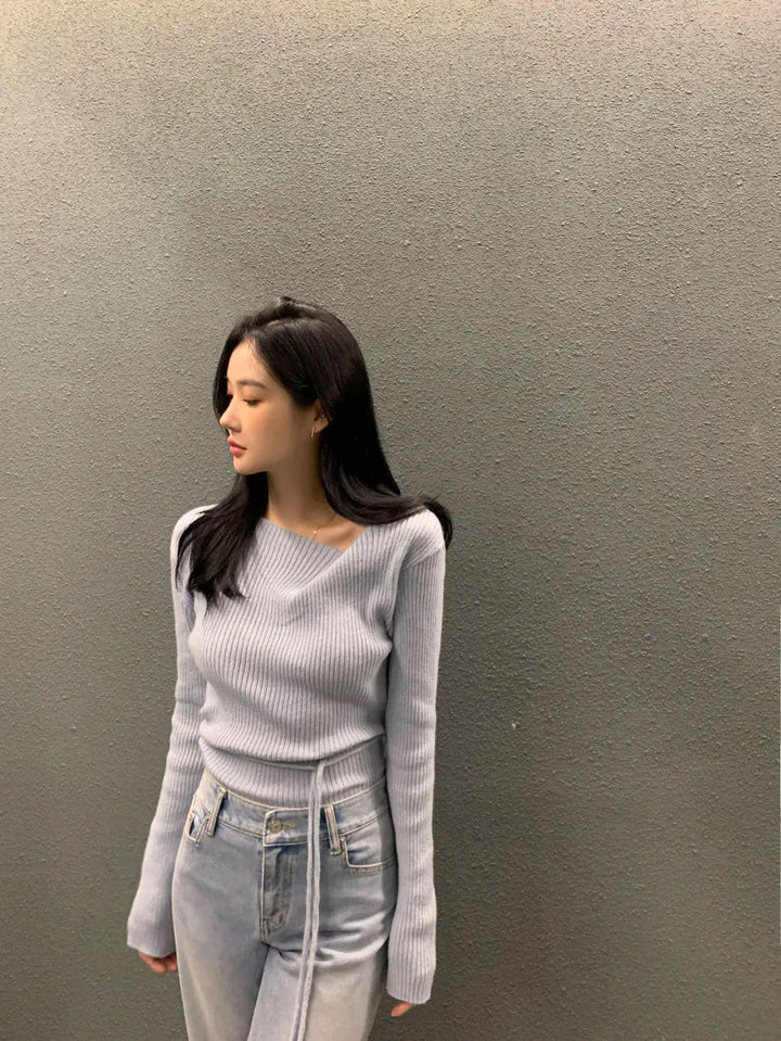 VNeck Slim Fit Knit Sweater – Tie Waist Long Sleeve Pullover for Women 2025 - VeauBeauty