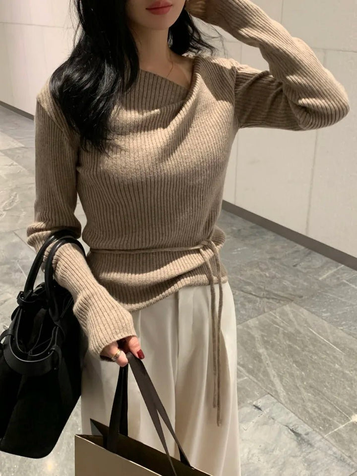 VNeck Slim Fit Knit Sweater – Tie Waist Long Sleeve Pullover for Women 2025 - VeauBeauty