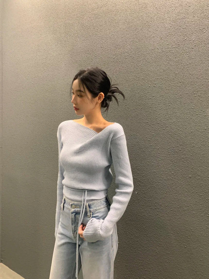 VNeck Slim Fit Knit Sweater – Tie Waist Long Sleeve Pullover for Women 2025 - VeauBeauty