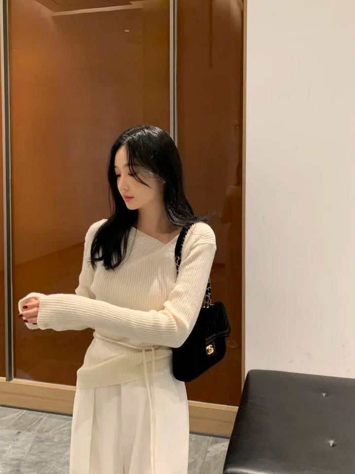 VNeck Slim Fit Knit Sweater – Tie Waist Long Sleeve Pullover for Women 2025 - VeauBeauty
