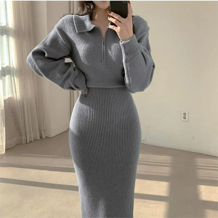 Warm Knit Long Skirt Dress – Autumn Winter Soft Touch Midi for Women - VeauBeauty