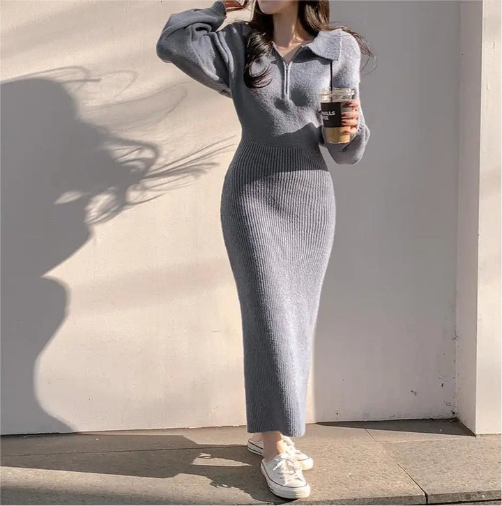 Warm Knit Long Skirt Dress – Autumn Winter Soft Touch Midi for Women - VeauBeauty