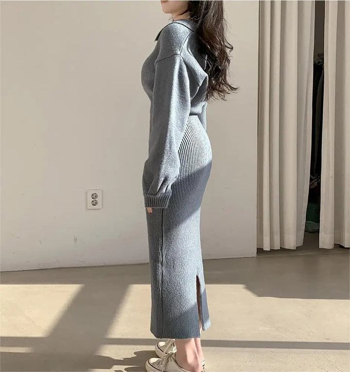 Warm Knit Long Skirt Dress – Autumn Winter Soft Touch Midi for Women - VeauBeauty