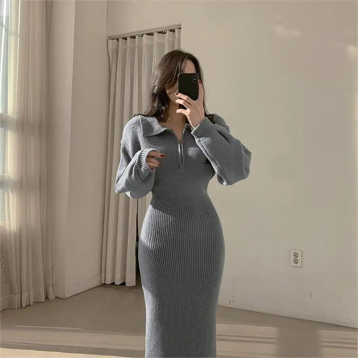 Warm Knit Long Skirt Dress – Autumn Winter Soft Touch Midi for Women - VeauBeauty