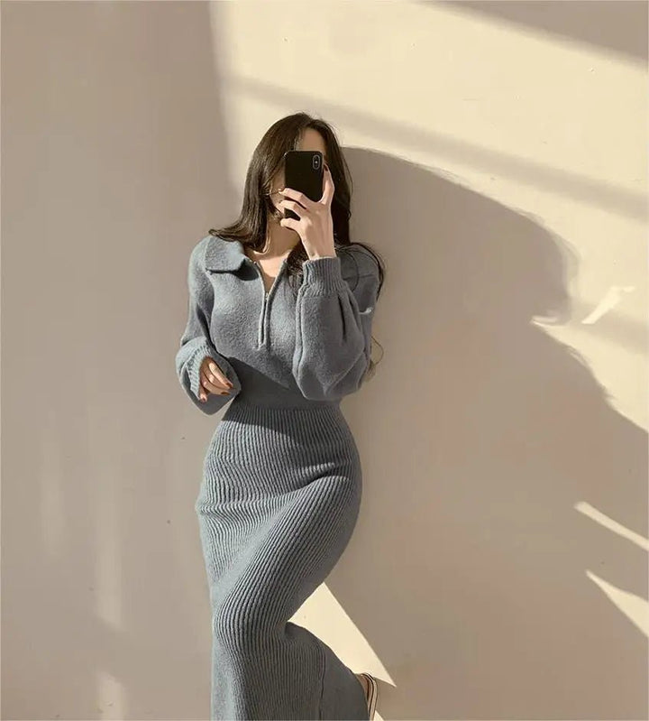 Warm Knit Long Skirt Dress – Autumn Winter Soft Touch Midi for Women - VeauBeauty