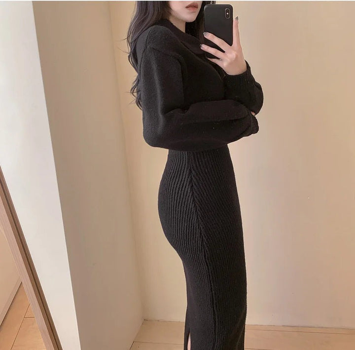 Warm Knit Long Skirt Dress – Autumn Winter Soft Touch Midi for Women - VeauBeauty